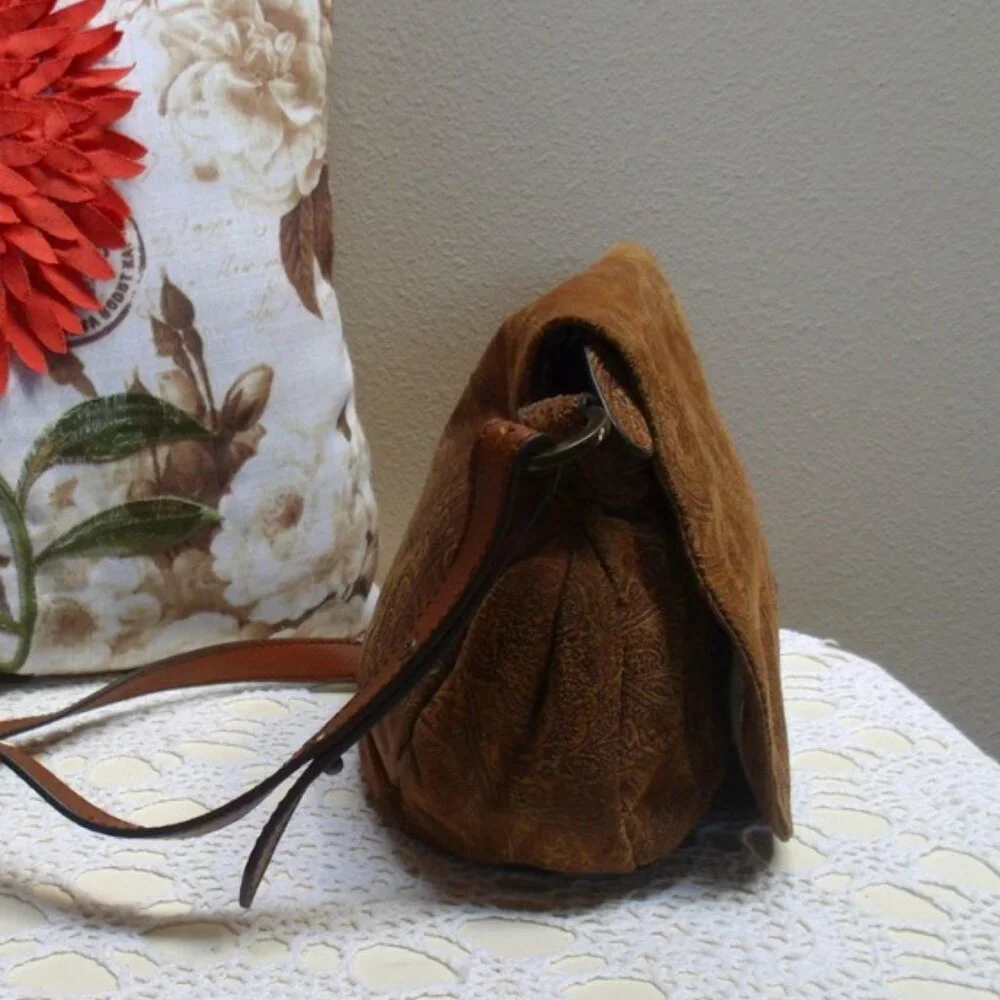 Coldwater Creek Suede Leather Brown Paisley Crossbody Bag
